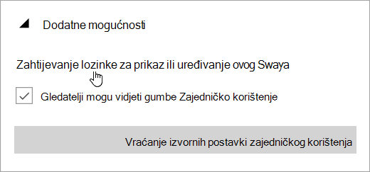 Snimka zaslona koja prikazuje izbornik Dodatne mogućnosti
