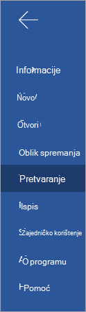 Gumb Pretvorba za pretvaranje dokumenata web-aplikacije Word Online u sway
