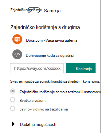 Snimka zaslona na kojoj se prikazuje okno Zajedničko korištenje aplikacije Sway.