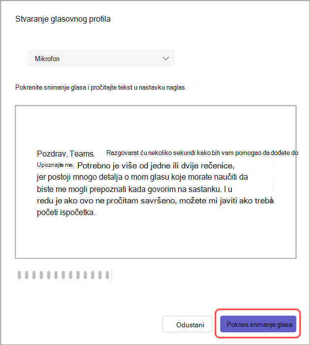 Snimka zaslona dijaloškog okvira Stvaranje glasovnog profila s istaknutim gumbom Pokreni snimanje glasa.