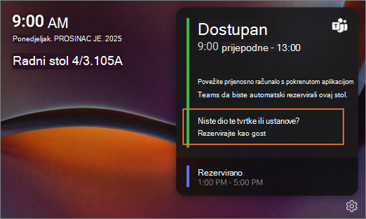 Zaslon središta stola na kojem se umjesto imena prikazuje Rezervirano jer je gost 