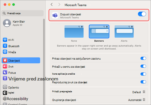 Postavke sustava Mac dopuštaju obavijesti aplikacije Microsoft Teams