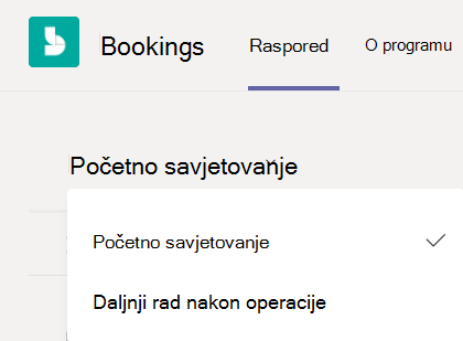 Padajući izbornik vrste obveze u aplikaciji Bookings