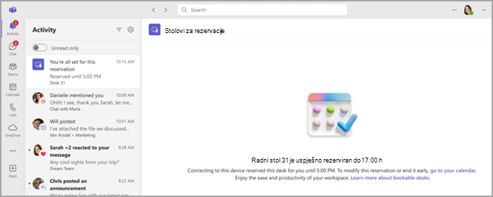 Snimka zaslona koja prikazuje obavijest o rezervaciji radnog stola koju je moguće rezervirati na kartici Aktivnost u aplikaciji Teams.