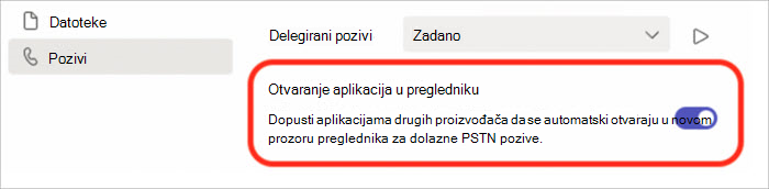 Snimka zaslona s postavkama za uključivanje ili isključivanje odgovaranja na pozive u skočnom prozoru preglednika.