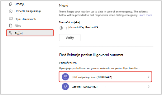 zaslon izbornika Postavke u aplikaciji Teams