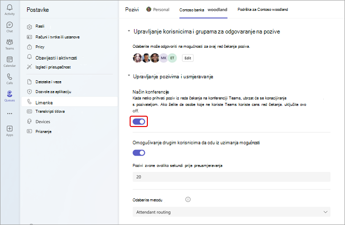 Snimka zaslona koja prikazuje kako uključiti ili isključiti način konferencije