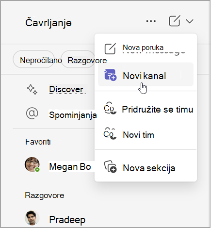 Snimka zaslona čavrljanja u aplikaciji Microsoft Teams s mogućnostima za stvaranje nove poruke, novog kanala ili novog tima. Sadrži i mogućnost pridruživanja timu ili stvaranja nove sekcije.