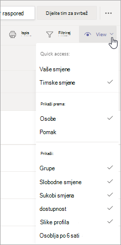Prilagodite prikaz rasporeda u aplikaciji Smjene pomoću mogućnosti na izborniku Prikaz.