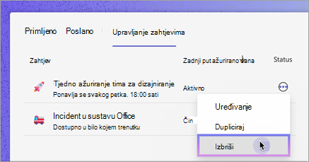 Brisanje zahtjeva u aplikaciji Ažuriranja
