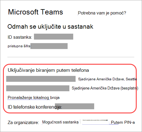 Snimka zaslona koja prikazuje gdje se možete pozivom uključiti u sastanak u aplikaciji Teams.