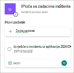Ploča za rukovanje zahtjevima za incidente u aplikaciji Planner s prikazom zadatka stvorenog iz slanja ažuriranja