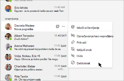 Snimka zaslona koja prikazuje kako deblokirati nekoga u oknu čavrljanja