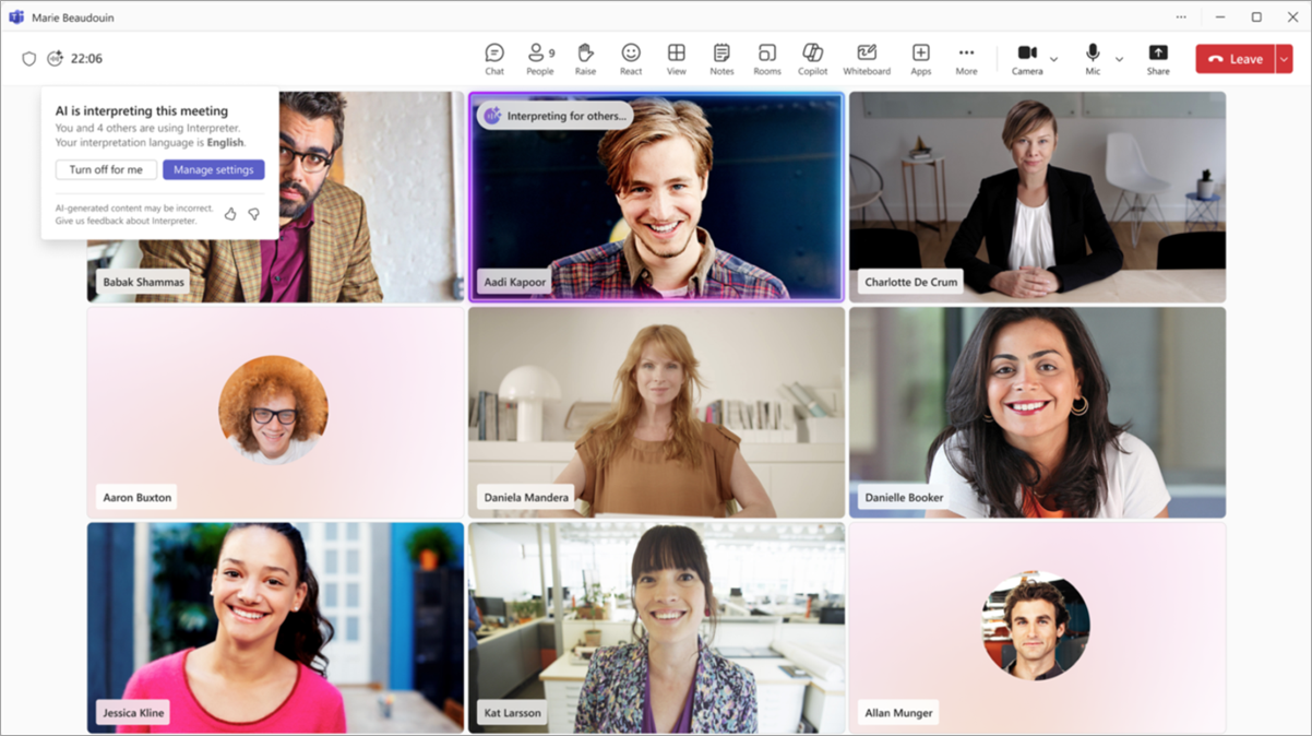 Snimka zaslona koja prikazuje općenito iskustvo s prevoditeljem u sastanku u aplikaciji Microsoft Teams.