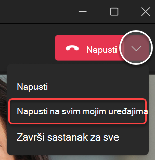 Snimka zaslona padajućeg izbornika Napuštanje sastanka u aplikaciji Teams za radnu površinu.