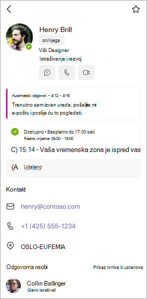Prikaz kartica profila u aplikaciji Teams za mobilne uređaje