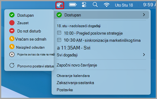 Snimka zaslona koja prikazuje izbornik brzih radnji za Teams na Macu.