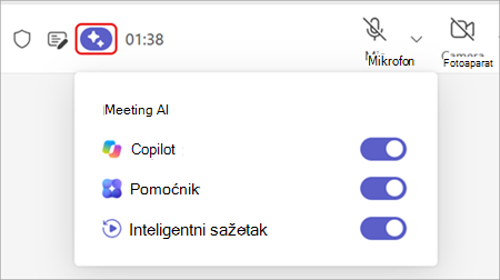 Snimka zaslona s istaknutom mogućnošću AI sastanka pri vrhu prozora sastanka aplikacije Teams