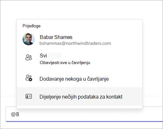 Snimka zaslona koja prikazuje kako povući kontakt radi zajedničkog korištenja pomoću @mention.