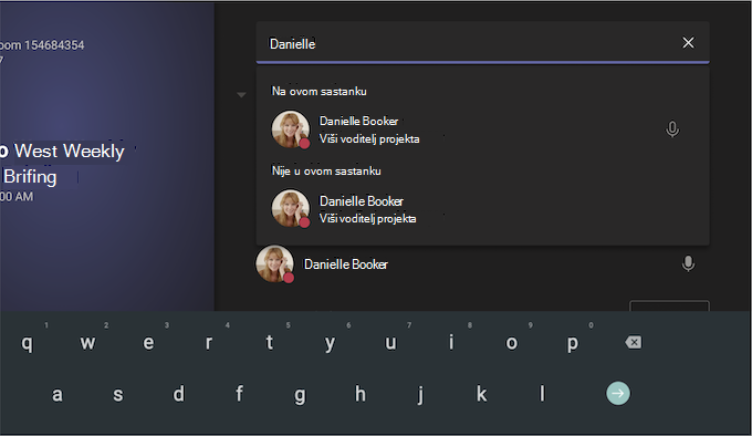 Teams soba na zaslonu sa sustavom Android prikazuje pretraživanje i odabir sudionika.