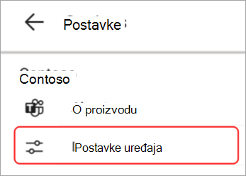 Snimka zaslona korisničkog sučelja postavki uređaja istaknutog u panel za Teams