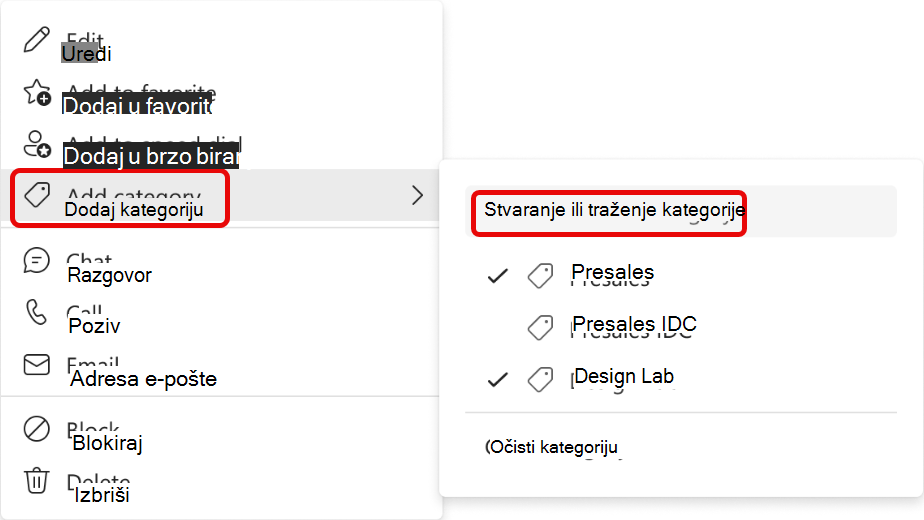 Snimka zaslona na kojoj se prikazuje izbornik Dodavanje kontakta u kategoriju