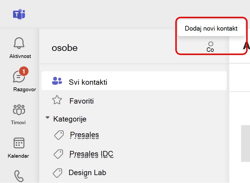 Snimka zaslona ikone za dodavanje novog kontakta u aplikaciji Teams People
