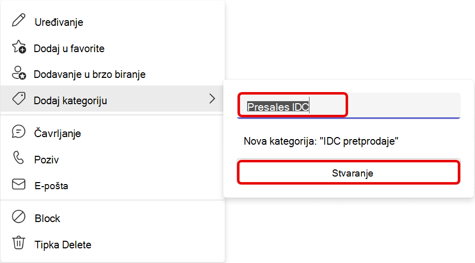 Snimka zaslona tijeka rada za dodavanje kategorije u aplikaciji Teams People