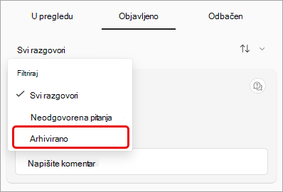 Snimka zaslona padajućeg izbornika Q&filtar s istaknutim arhiviranim.