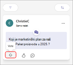 Poruka u aplikaciji Teams s gumbom Glasaj i strelicom gore.