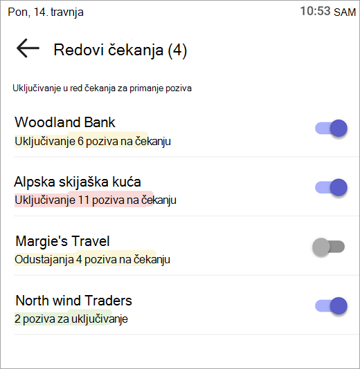 Snimka zaslona koja prikazuje kako se uključiti u redove čekanja na poziv i isključiti iz njih