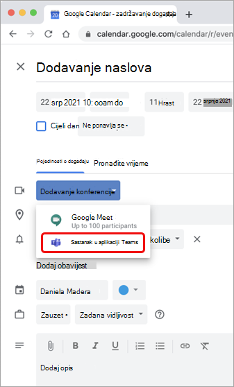 Odabir sastanka putem servisa Teams