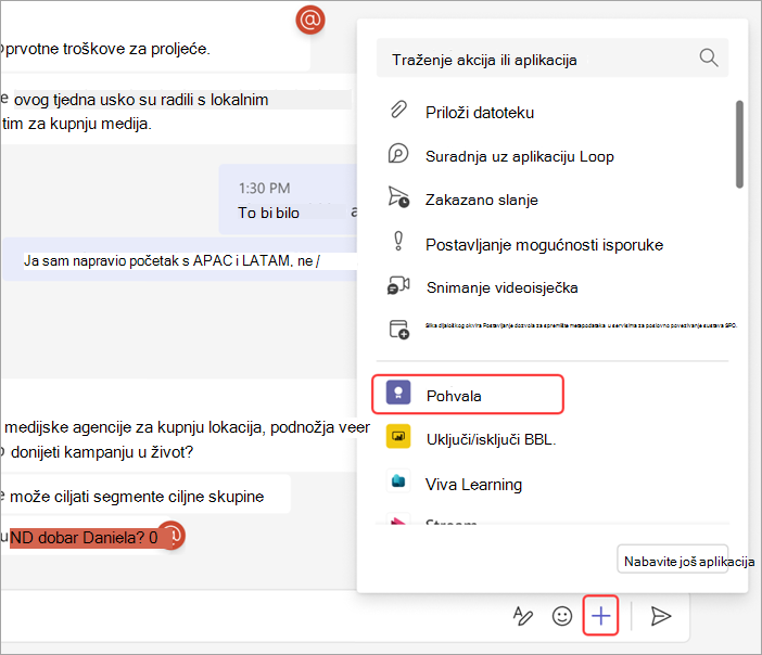 Snimka zaslona koja prikazuje kako poslati pohvalu nekome u čavrljanju