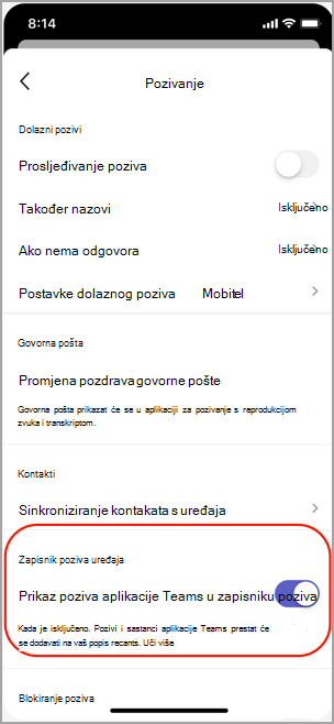 Prikaz ili skrivanje poziva aplikacije Teams u zapisniku poziva u sustavu iOS.