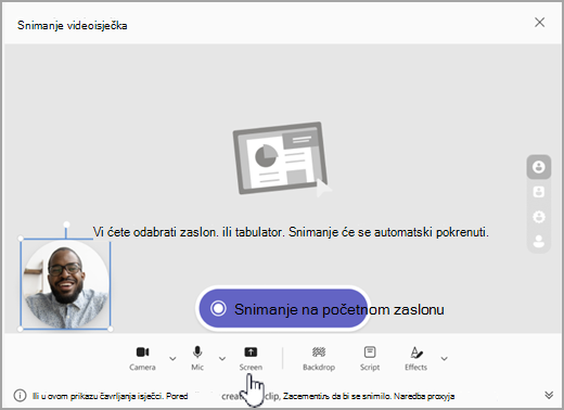 Snimka zaslona mogućnosti pokretanja snimanja zaslona u aplikaciji Microsoft Teams.
