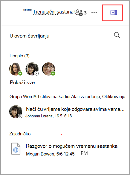 Snimka zaslona kako otkriti okno s informacijama o čavrljanju koje sadrži popis 3 osobe, 1 prikvačenu poruku i 1 zajednički dokument.