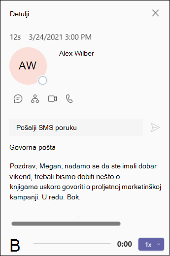 Zaslon s pojedinostima govorne pošte u aplikaciji Teams