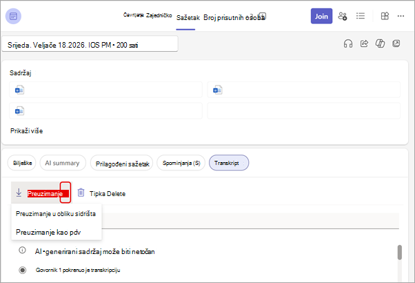 Preuzimanje transkripta sa sastanka Kartica Sažetak.