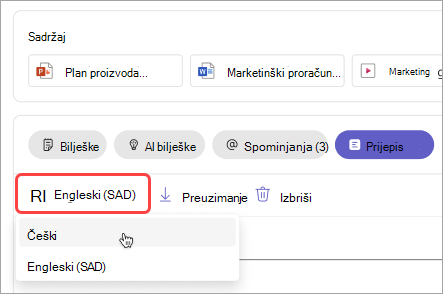 Snimka zaslona koja prikazuje kako promijeniti jezik transkripta u sažetku sastanka.