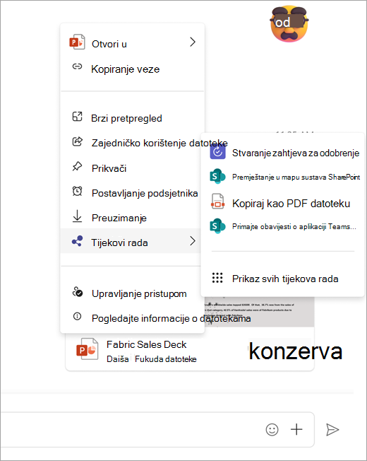 Snimka zaslona na kojoj se prikazuje izbornik tijeka rada otvoren iz zajedničke datoteke