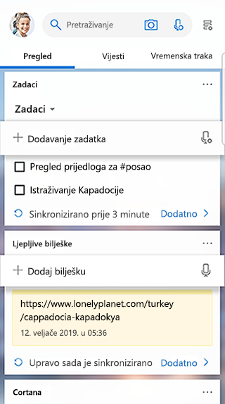Snimka zaslona na kojoj se prikazuje kartica Zadaci u sažetku sadržaja pokretača