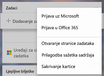 Snimka zaslona koja prikazuje mogućnost prijave pomoću Microsofta ili Office 365 na kartici Više zadataka izbornik Više