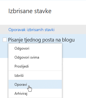 Snimka zaslona na kojoj se prikazuje izbornik za vraćanje izbrisanih stavki