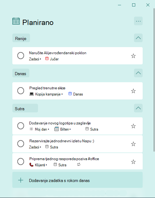 Planirani pametni popis s zadacima organiziranim prema tablicama Ranije, Danas i Sutra