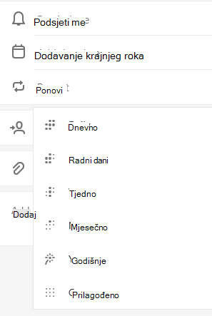 Ponavljanje odabrano s mogućnošću odabira Svakodnevno, Radnim danima, Tjedno, Mjesečno, Godišnje ili Prilagođeno