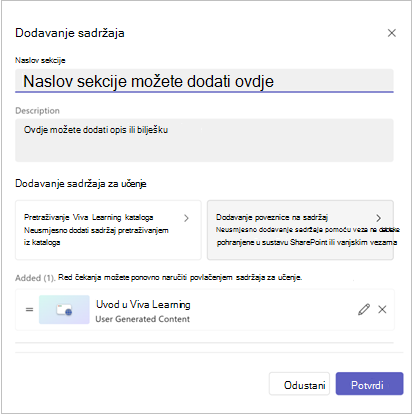 Skočni prozor Dodavanje sadržaja s mogućnošću prikaza već dodanog sadržaja