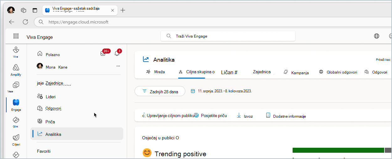 Snimka zaslona prikazuje karticu Analitika na početnoj stranici.