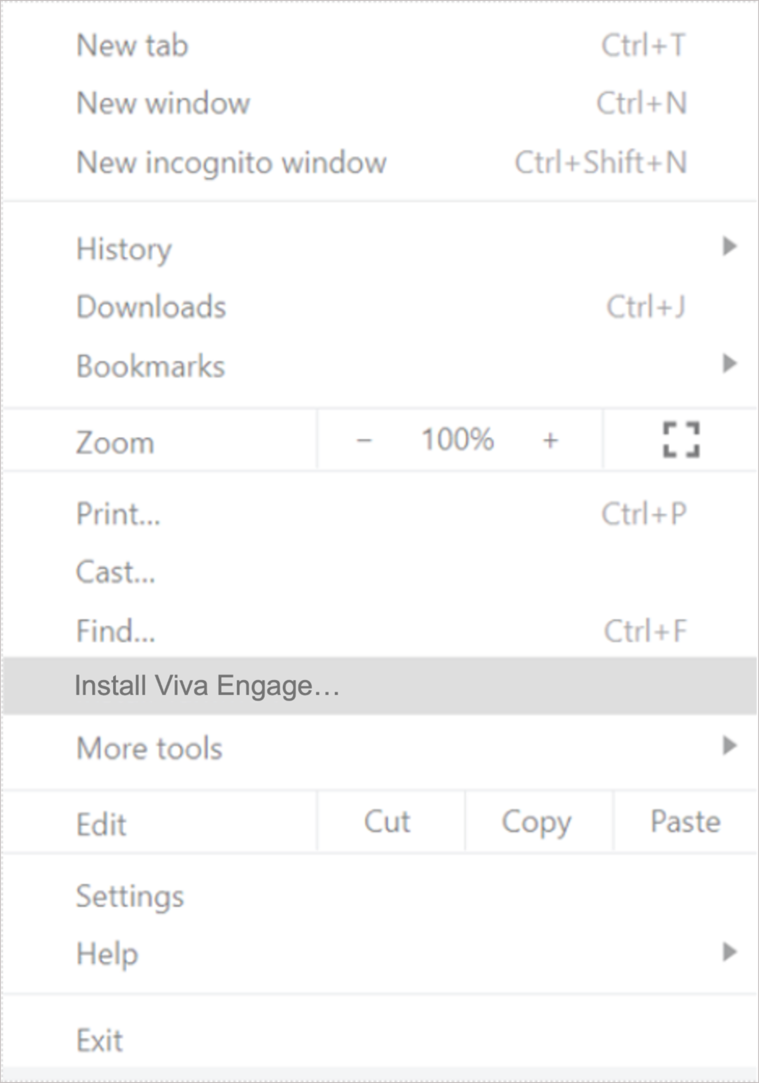 Snimka zaslona prikazuje kako koristiti izbornik preglednika Chrome za instalaciju aplikacije Viva Engage.