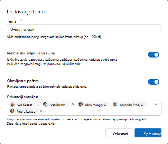 Stvorite novu temu za moderatorskog agenta vođenog umjetnom inteligencijom. Odaberite frazu koja izražava potrebu za traženjem kategorije pojava.