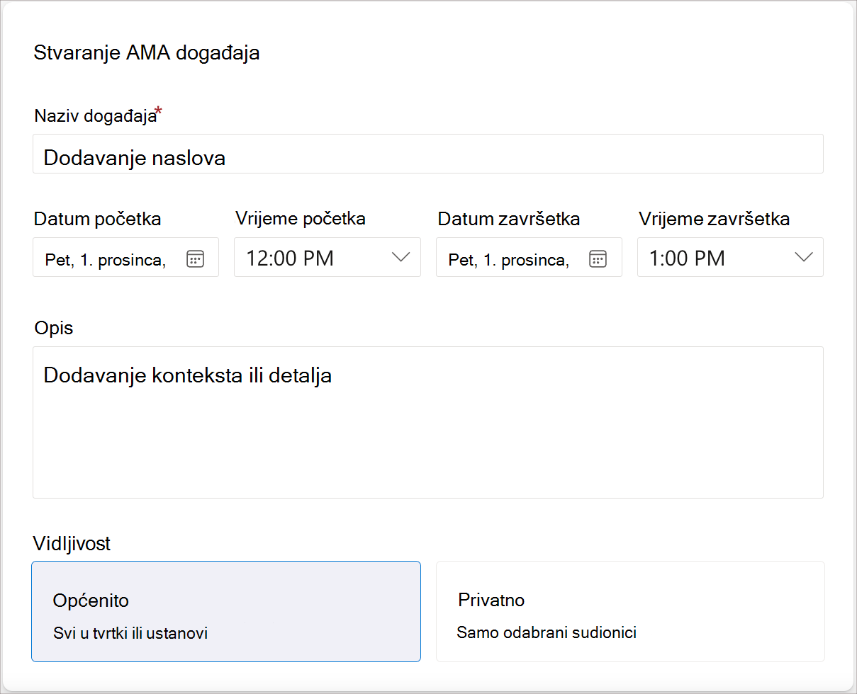 Snimka zaslona s poljima potrebnim za stvaranje događaja AMA.